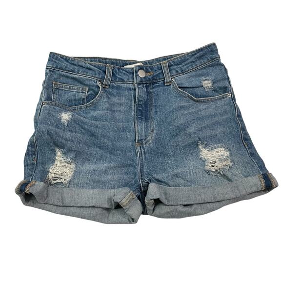 H&M Jean Shorts Womens Size 6 Blue Jean Denim Cuffed Distressed Mid Rise Zip Fly - Picture 1 of 9